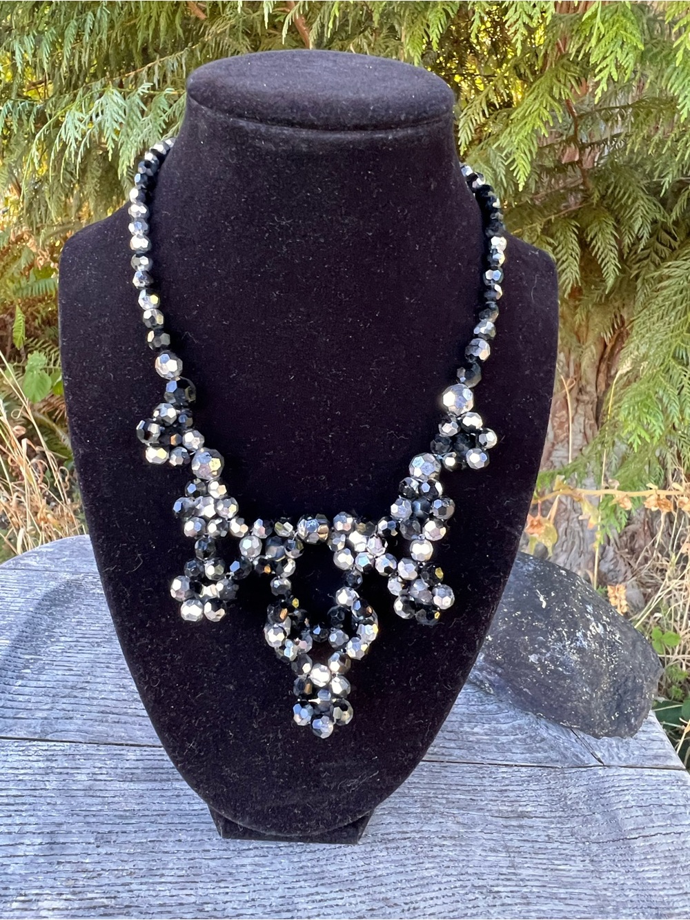 Vintage Black and Silver Beaded Statement Necklace - Unbranded